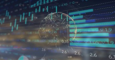 Dünya çapında veri işleme, diyagramlar ve borsa görüntüsü. Küresel iş, teknoloji ve dijital arayüz kavramı, dijital olarak oluşturulmuş görüntü.