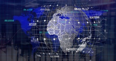 Mavi arkaplanda veri işleme resmi. Küresel iş ve dijital arayüz kavramı, dijital olarak oluşturulmuş görüntü.