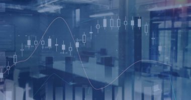 Konferans odasında boş sandalye ve masa üzerinde hareket eden çoklu grafiklerin resmi. Dijital bileşim, iş dünyası, rapor, grafik, toplantı, mobilya ve ofis kavramı.