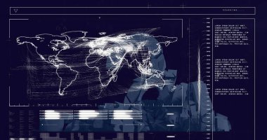 Aydınlatılmış dijital harita, ses çubuğu, soru işareti yapısı üzerindeki veri. Dijital olarak üretilmiş, hologram, küresel, sembol, karmaşa, ses ve teknoloji kavramı.