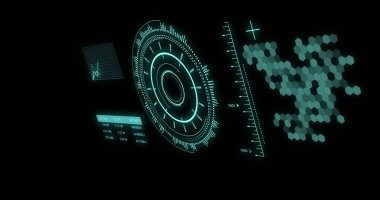 Siyah arkaplanda tarama yapan veri işleme resmi. Küresel teknoloji, bilgisayar ve dijital arayüz kavramı, dijital olarak oluşturulmuş resim.