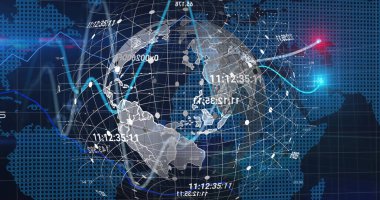 Mavi arkaplanda veri işleme resmi. Küresel iş ve dijital arayüz kavramı, dijital olarak oluşturulmuş görüntü.