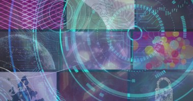 Neon tünele karşı veri işleme sistemi olan birçok ekranın üzerinde neon yuvarlak tarayıcı görüntüsü. Bilgisayar arayüzü ve iş veri teknolojisi kavramı