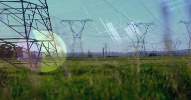 Elektrik direği ve peyzaj üzerindeki istatistik ve veri işleme görüntüleri. küresel enerji, elektrik ve veri işleme kavramı, dijital olarak oluşturulmuş görüntü.