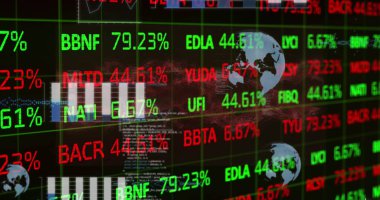 Borsa numaraları ve yüzdeleri elektronik panolarda sergileniyor. Parlak yeşil parmaklar çeşitli hisse senedi kodlarını ve değerlerini gösterir, finansal etkinliği yansıtır