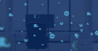 Masaüstü bilgisayarı ile bir masanın üzerinde yüzen simgelerle bağlantı ağı resmi. küresel ağ konsepti dijital kompozit.