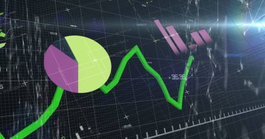 Izgara deseni üzerinde hareket eden çok renkli bilgi arayüzünün resmi. Dijital olarak üretilmiş, hologram, report, finanse, business, light, aydınlatma, veritabanı ve teknoloji kavramı.