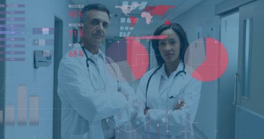 Çeşitli kadın ve erkek doktorların konuştuğu finansal grafikler. ekonomi, finans, sağlık ve tıp konsepti, dijital olarak üretilen imaj.