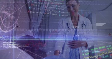 Grafikler, ikili kodlar, bilgisayar dili, çeşitli kadın doktorların hastalarla tartışması. Ticaret kurulu, dijital kompozit, rapor, iş dünyası, borsa, kodlama, tıbbi ve teknoloji.