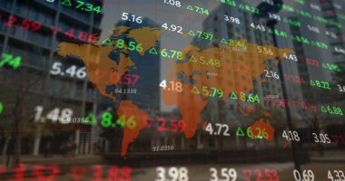 Image of stock market data processing over world map against tall buildings. Global economy and business technology concept