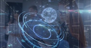 Kafkas kadın doktoru üzerinde dünya ile ışık ve işleme çemberi resmi. Sağlık, tıp ve teknoloji kavramı, dijital olarak üretilen görüntü.