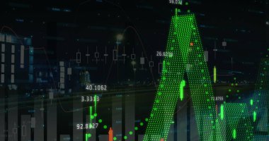Şehir manzarası üzerinde istatistik ve finansal veri işleme resimleri. küresel finansman, iş ve veri işleme kavramı, dijital olarak oluşturulmuş görüntü.