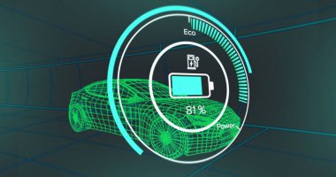 Mavi arka planda, pürüzsüz tünelde 3D araba modeli üzerinde hız göstergesi arayüzü görüntüsü. Otomobil mühendisliği teknolojisi kavramı