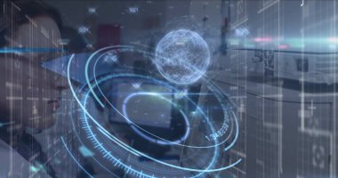 Laboratuvardaki beyaz kadın doktorun veri işleme görüntüsü. Küresel tıp ve dijital arayüz kavramı, dijital olarak oluşturulmuş görüntü.