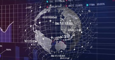 Siyah arkaplan üzerinde veri işleme olan küre görüntüsü. Küresel iş ve dijital arayüz kavramı, dijital olarak oluşturulmuş görüntü.