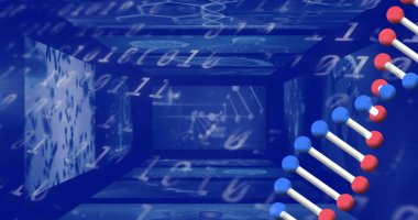 Dna structure spinning over screens on medical data processing against binary coding. medical research and technology concept clipart