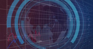 Grafikler ve dünya üzerinden daire yüklemede asma kilit ve kredi kartı görüntüsü. Dijital olarak üretilmiş, hologram, rapor, iş, koruma, bankacılık, küreselleşme ve teknoloji kavramı.