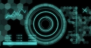 Siyah arkaplanda tarama yapan veri işleme resmi. Küresel teknoloji, bilgisayar ve dijital arayüz kavramı, dijital olarak oluşturulmuş resim.