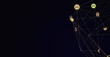 Siyah arkaplanda yüzen simgelerle bağlantı ağı resmi. küresel ağ konsepti dijital kompozit.