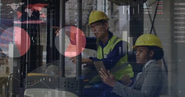 Depodaki Afrikalı Amerikalı işçilerin istatistik çizelgeleri. Küresel finans, istatistik, hesaplama ve veri işleme kavramı, dijital olarak oluşturulmuş resim.