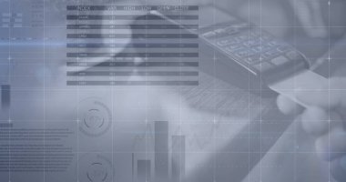 Gri arkaplandaki istatistik ve veri işleme resimleri. Küresel işletme finans ve bağlantılar kavramı, dijital olarak oluşturulmuş görüntü.