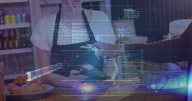 Ödeme terminali kullanan insanların dijital veri işleme görüntüsü. Küresel finans, bağlantılar, veri işleme ve dijital arayüz kavramı, dijital olarak oluşturulmuş resim.