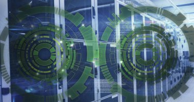 Arkaplanda bilgisayar dili üzerinden sunucu odasına daireler yükleme görüntüsü. Dijital bileşik, çoklu pozlama, ilerleme, kodlama, ağ, veri sunucusu ve teknoloji kavramı.