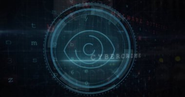 Göz simgesi üzerinde veri işleme resmi. Küresel iş ve dijital arayüz kavramı, dijital olarak oluşturulmuş görüntü.