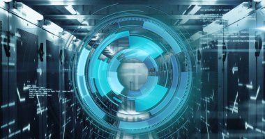 Bilgisayar dilinin üzerinden sunucu odasındaki satır ve çubuklara daireler yükleme görüntüsü. Dijital bileşik, çoklu pozlama, ilerleme, kodlama, ağ, veri sunucusu ve teknoloji kavramı.