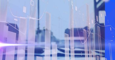 Ofis üzerinde ışık ve veri işleme görüntüleri. Küresel iş, bilgisayar ve dijital arayüz kavramı, dijital olarak oluşturulmuş resim.