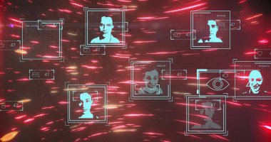 Siyah arkaplanda hızla hareket eden kırmızı ışıklar üzerinde sosyal medya tepkilerinin ve kullanıcı simgelerinin resmi. İletişim, sosyal medya ve teknoloji konsepti, dijital olarak oluşturulmuş görüntü.