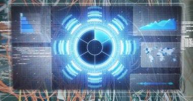 Dijital ekranda ve bilgisayar kablolarında veri işleme görüntüsü. bilgisayarlar, ağ, veri işleme ve dijital arayüz kavramı, dijital olarak oluşturulmuş resim.