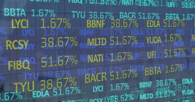 Mavi arka planda borsa veri işleme görüntüsü. Küresel ekonomi ve iş teknolojisi kavramı