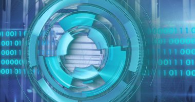 İkili kodlar üzerinden daireler yükleme ve sunucu odasına karşı mercek fişekleri. Dijital bileşik, çoklu pozlama, ilerleme, kodlama, ağ, veri sunucusu ve teknoloji kavramı.