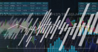 Siyah arka planda finansal veri işleme resmi. İş, finans ve dijital arayüz kavramı, dijital olarak oluşturulmuş görüntü.