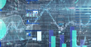 Soyut arka planda birden fazla grafik, mercek parlatma ve alım satım tahtası görüntüsü. Dijital olarak üretilen hologram, rapor, finans, borsa, yatırım, iş ve teknoloji kavramı.