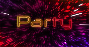 Image of party text over light trails on black background. Retro future, colour and background concept, digitally generated image. clipart