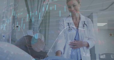 Hastanedeki hastalarla çeşitli muayeneler ve konuşmalar üzerine grafiklerin ve ticaret kurulunun resmi. Dijital bileşik, çoklu pozlama, rapor, iş dünyası, borsa, tıbbi ve sağlık konsepti.