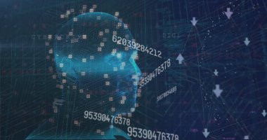 Donanma arka planında veri işleme, bağlantılar ve baş modelli dijital ekran görüntüsü. Dijital arayüz, veri işleme ve teknoloji konsepti, dijital olarak oluşturulmuş görüntü.