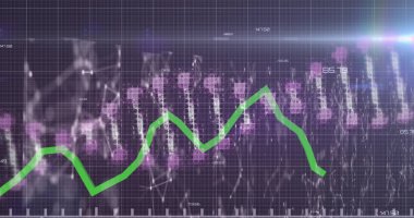 Dönen DNA sarmalının, grafiğin, çizgilerle bağlanan ve geometrik şekiller oluşturan noktaların resmi. Dijital olarak üretilmiş, hologram, molekül, genetik, tıbbi, rapor, finans ve sağlık konsepti.
