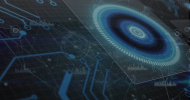 Dünya üzerindeki simgelerle bağlantı ağının görüntüsü ve renkli ızgaralar. Küresel bağlantılar veri işleme ve dijital arayüz konsepti, dijital olarak oluşturulmuş resim.