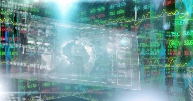 Küresel görüntü, grafikler, mercek işaret fişeği, hud ekran, veri tabanı üzerinde hareket ediyor. Dijital olarak üretilen hologram, rapor, finans, borsa, küreselleşme ve yatırım kavramı.