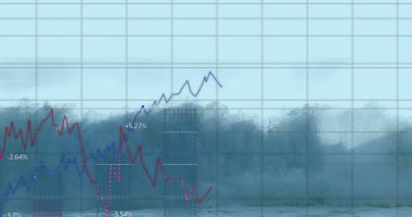 Deniz dalgaları üzerinde veri işleme ve diyagramlar. Küresel iş, doğa ve dijital arayüz kavramı, dijital olarak oluşturulmuş görüntü.