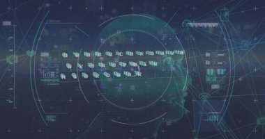 Şehir manzarası üzerinde veri işleme ve ortam simgelerinin resmi. Küresel bağlantılar dijital arayüz veri işleme kavramı, dijital olarak oluşturulmuş resim.