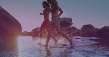 Plajda yoga yapan bir grup kadının veri işleme görüntüsü. Vatanseverlik ve kutlama konsepti, dijital olarak oluşturulmuş imaj.