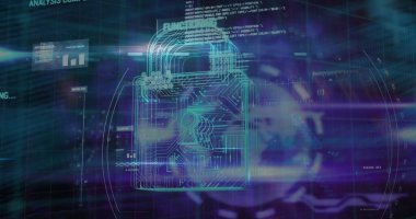 Çevrimiçi güvenlik kilidi ve devre kartının veri işleme görüntüsü. Küresel bağlantılar veri işleme ve dijital arayüz konsepti, dijital olarak oluşturulmuş resim.