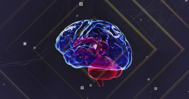 Kırmızı ve mavi beyin verileri işlerken siyah zemin üzerinde altın çizgiler çiziyor. Bilgi, veri, bağlantı ve iletişim dijital olarak oluşturuldu.