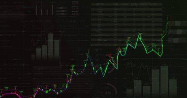 Finansal veri işleme ve istatistik kaydı. küresel finansman, iş dünyası, dijital arayüz ve teknoloji konsepti, dijital olarak oluşturulmuş görüntü.