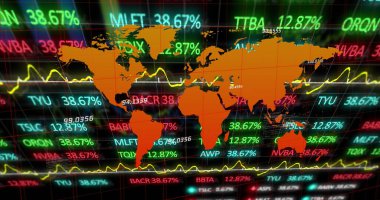 Dünya haritası üzerinde veri işleme resmi. Küresel iş ve dijital arayüz kavramı, dijital olarak oluşturulmuş görüntü.