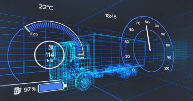 Dijital araba arayüzü ve 3 boyutlu araba modelinin veri işleme görüntüsü. Küresel mühendislik, dijital arayüz, iş, bilgisayar ve veri işleme kavramı, dijital olarak oluşturulmuş görüntü.
